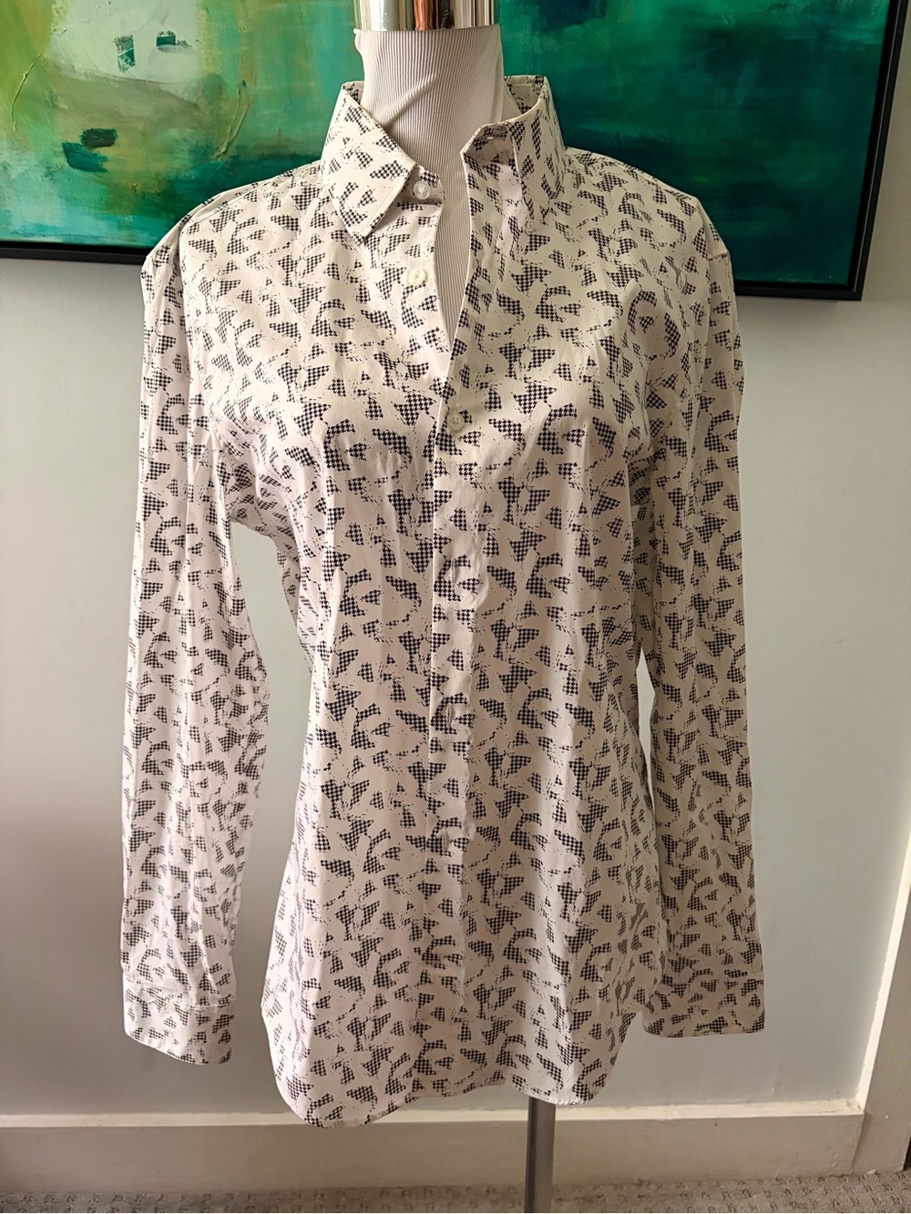 Calvin Klein White Button-Up Shirt with Black Geometric Print